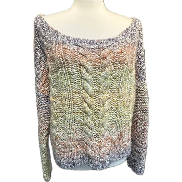Abercrombie & Fitch Cropped Oversize Striped Cable Knit Sweater Rainbow Women L - Picture 1 of 8